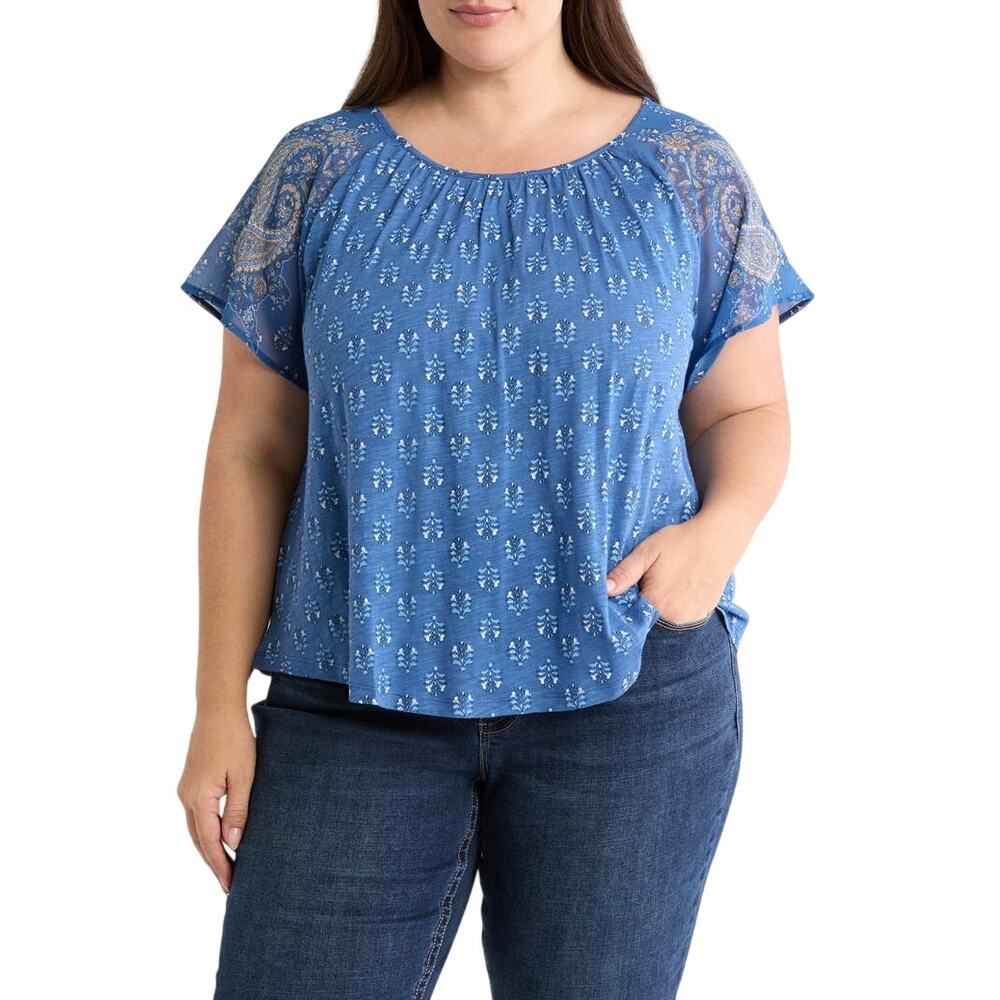Lucky Brand Paisley Mixed Media T-Shirt Short Sleeve Blouse Top Blue Floral 2X